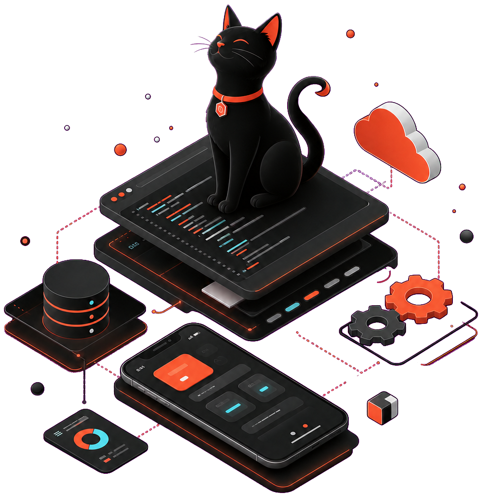 Piplos Media — cat mascot on a stack of software interfaces